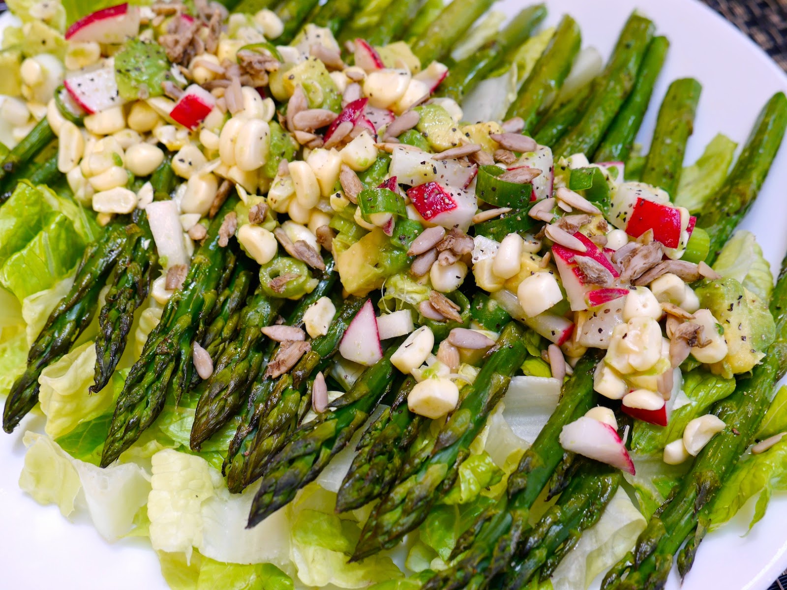 Foods For Long Life Roasted Asparagus On Romaine Topped With Corn