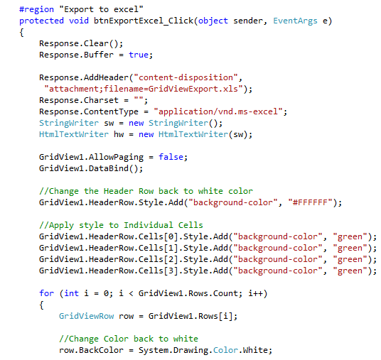 Export to Excel Code View