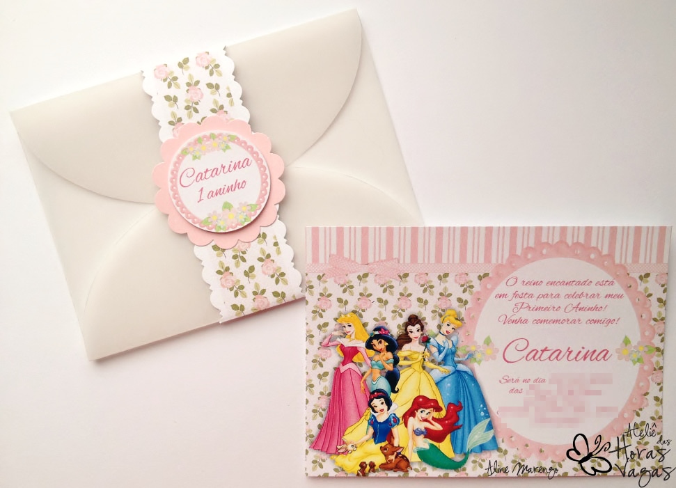 convite artesanal aniversário infantil menina floral provençal delicado princesas disney cinderela branca de neve aurora ariel bela rosa