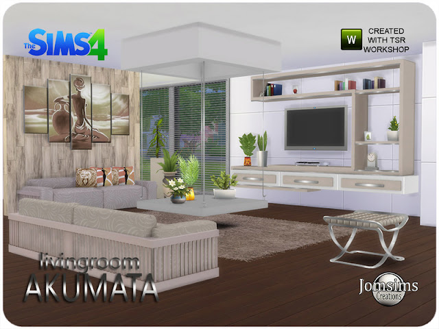 Akumata living room Akumata гостиная для The Sims 4 чистые линии и современная структура. и некоторые элементы на тему Африки. Но не доводить до крайности. Всего несколько касаний здесь и там. 1 диван в 3 цветах. 1 структура дивана в 3 цветах. 1 журнальный столик подвесной 3 цвета и металл. 1 подушки деко диван единый цвет африка тема. 1table горшок растение Африка тема. Вторая и различная тема Африки бака завода завода таблицы. 1 структура стены разная поверхность в 3 цветах. 1 слойка, но стол тоже в 3 цветах и ​​металле. 1 проигрыватель DvD Blue Ray, просто деко 1 черная и 1 металлическая текстура, чтобы создать аутентичную и современную сторону. Автор: jomsims