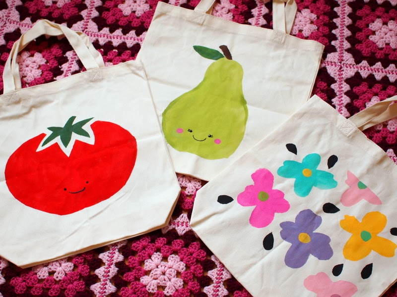 freezer paper stenciled tomato, pear, and flower canvas bags