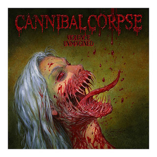 Albumcover Cannibal Corpse - Violence Unimagined, Frau mit Monstermund und Reißzählnen