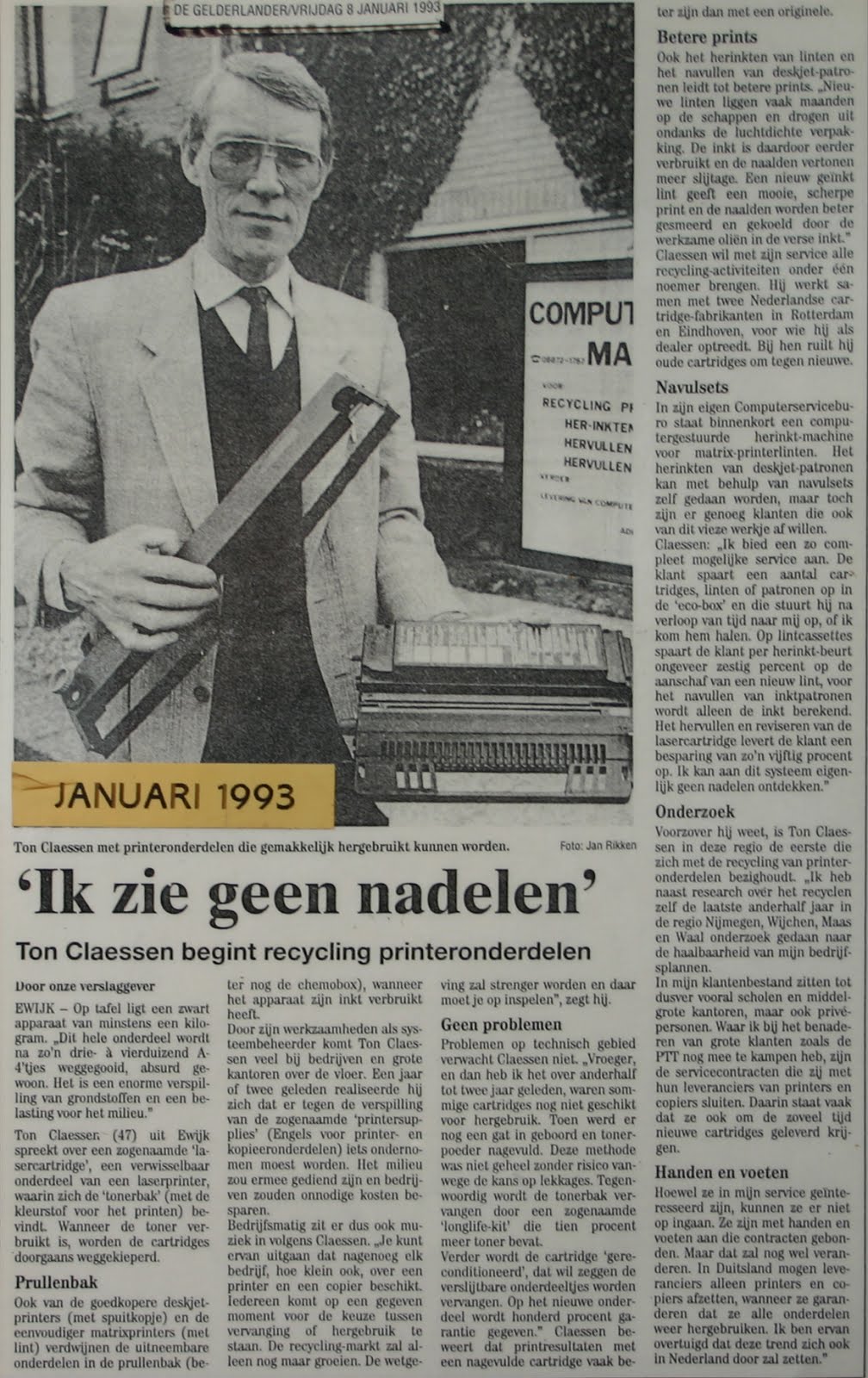 Artikel Gelderlander, 8-1-1993.