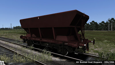 Fastline Simulation - HBA/HEA Coal Hoppers: An HEA hopper resprung from an early HBA hopper with central ladder and small supports at the hopper corners in plain maroon livery.