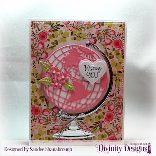 Divinity Designs Stamp Set: Adventure Awaits,  Paper Collection: Pretty Pink Peonies, Custom Dies: Globe and Stand, Bitty Blossoms, Circles, Pierced Rectangles, Layering Hearts