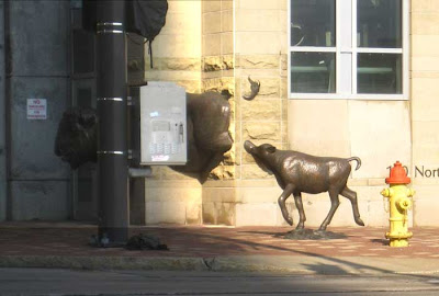 Buffalo partially submerged in stone building corner with calf just behind