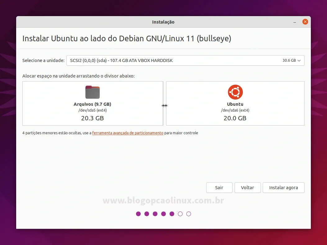 Opção 'Instalar o Ubuntu ao lado', permitindo definir o tamanho para as partições Raiz e HOME (Arquivos)