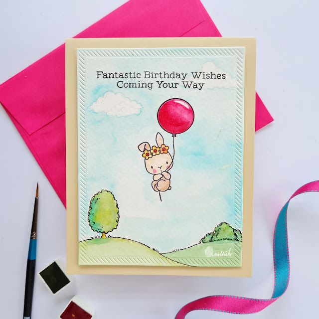 MFT Birthday buds, Watercolor scene card, Critter card, birthday card, Quillish, watercoloring one layer card,