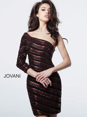 Black-Red One Shoulder Beaded Cocktail Jovani Red Carpet Short Dress