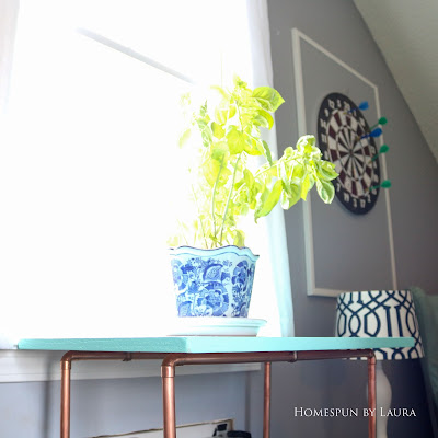 One Room Challenge Week 6 Home Office Sewing Craft Room Transformation DIY copper wood plant stand