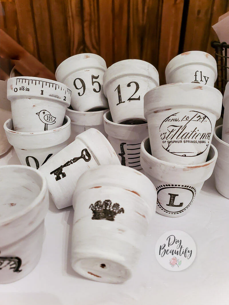 painted pots with stamped images