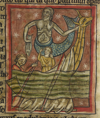 A Mermaid is lulling sailors to sleep with her song. One sailor is blocking his ears with his fingers to avoid hearing her. Photo from a bestiary c.1230 – 1240 CE