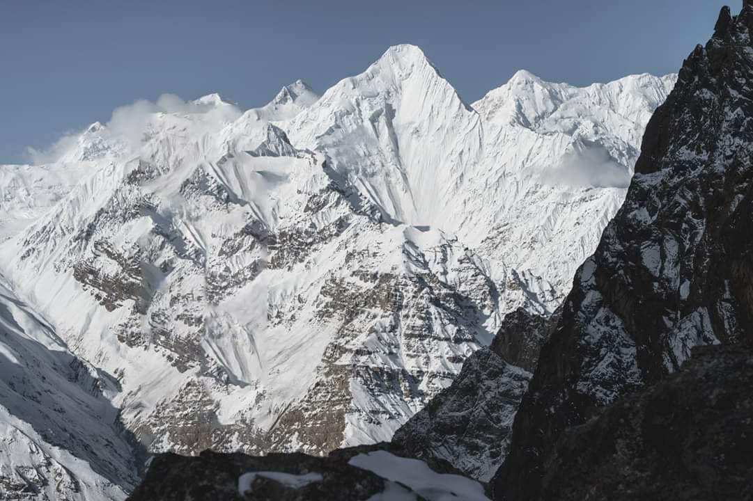 Highest peaks in Shimshal valley. view of Hispar Muztagh in Zarthgurben valley Shimshal. Left to right Yazghil Domes North 7300 m, Shimshal Whitehorn 6550 m center, back Disteghil Sar East 7696 m Karakoram Zarthgurben valley in Shimshal Hunza, Gilgit Baltistan Pakistan