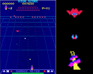 Sample gameplay from the 1979 arcade game, Radar Scope.  The sprites for the player and enemies are also shown.