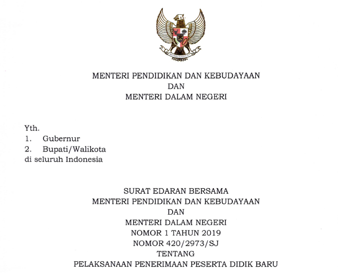 Surat Edaran Bersama Mendikbud Dan Mendagri Tentang Pelaksanaan Ppdb Tahun Ajaran 2019 2020 Dadang Jsn