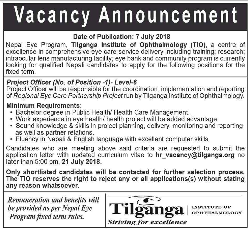 Project Officer Vacancy at Tilganga Institute of Ophthalmology Eye