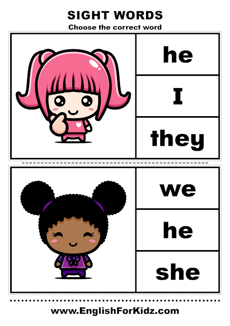 Sight words pronouns activity for kindergarten and grade 1