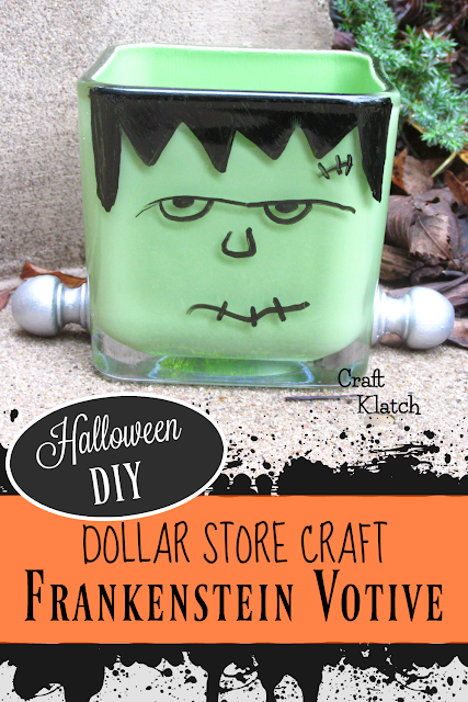 Dollar store craft ideas for Halloween are fun and affordable, especially when you turn the votive into a Frankenstein decoration! Craft Klatch #craftklatch #craftideas #frankenstein #diy #crafts #halloween #halloweencrafts #halloweendecor #halloweendiy #dollartree #dollarstore #dollarstorecrafts #frankenstein #cheapcrafts