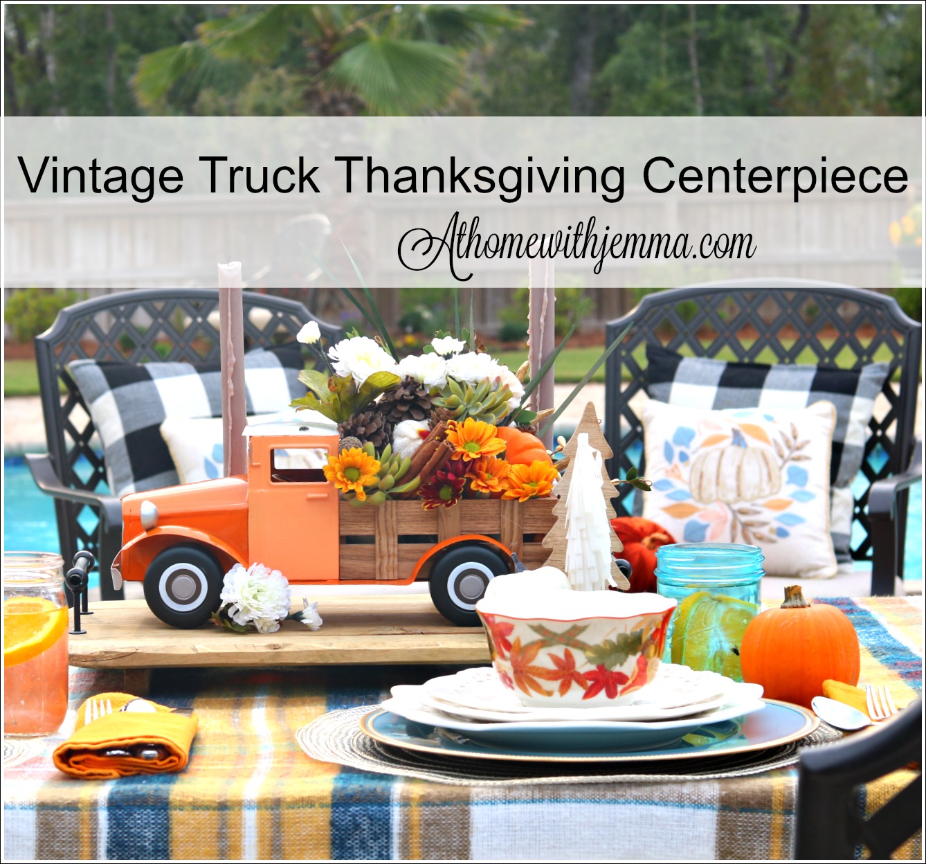 Thanksgiving, Centerpiece, Floral, Vintage, Truck, Flowers, Plaid, Outdoor
