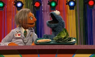 Dr. Ruster and Cookie Monster host the show Sometime or Anytime Food. Sesame Street C is for Cooking