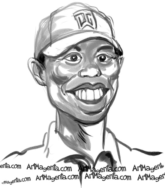 Tiger Woods caricature cartoon. Portrait drawing by caricaturist Artmagenta.