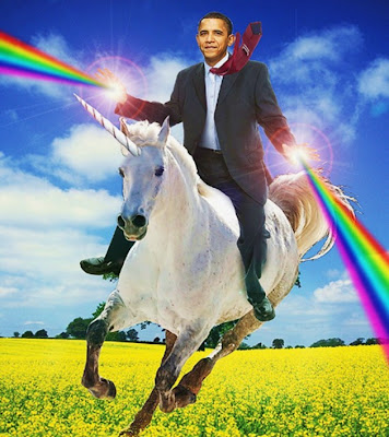 Obama on unicorn with rainbows