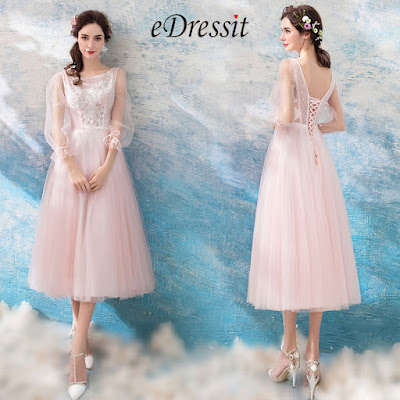 Pink Sleeves Tea Length Tulle Party Evening Dress