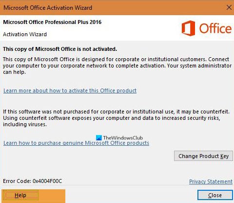 Erreur d'activation de Microsoft Office 0x4004F00C