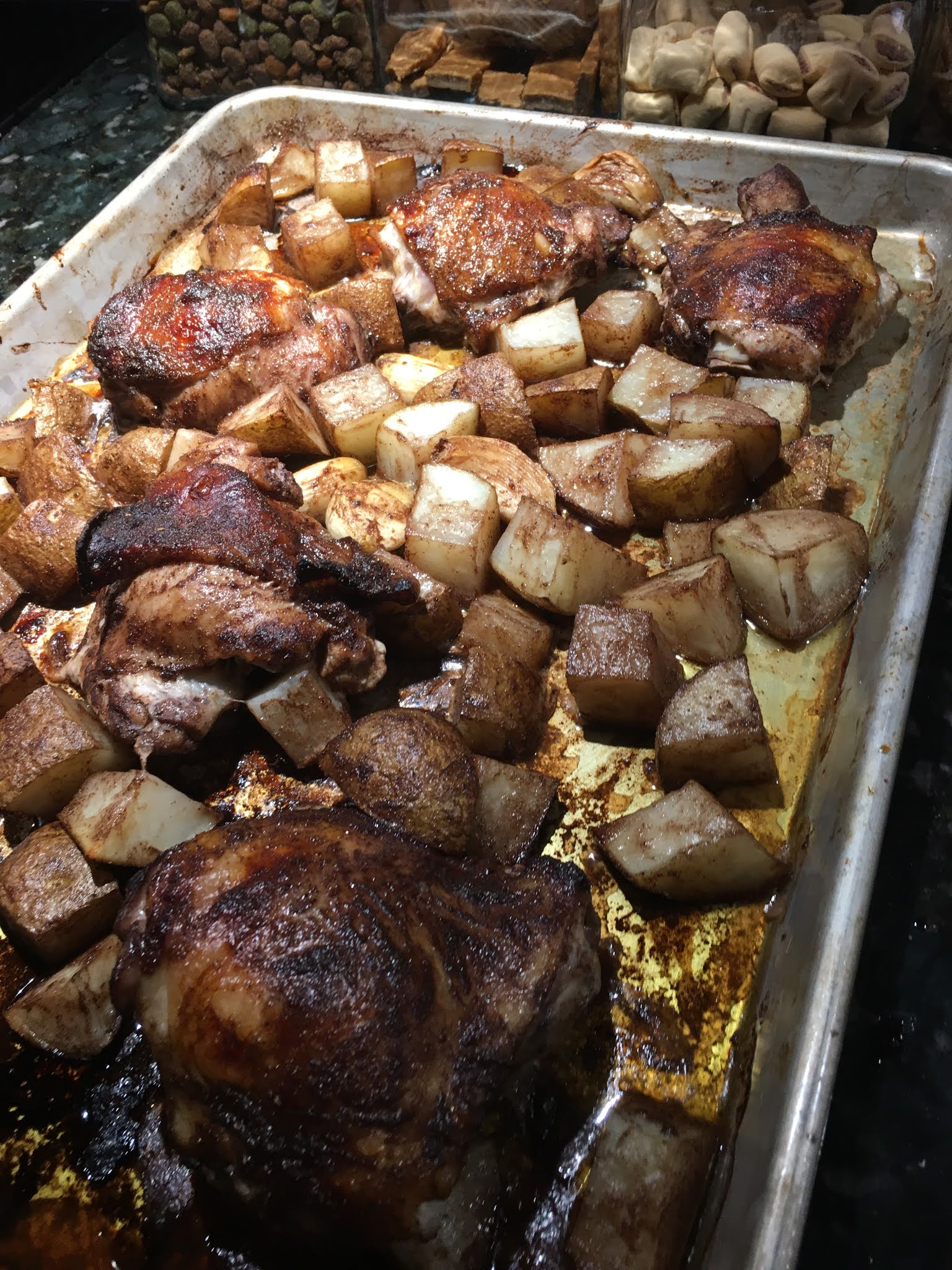 Garlicky Spiced Chicken and Potato Traybake with Pomegranate Molasses