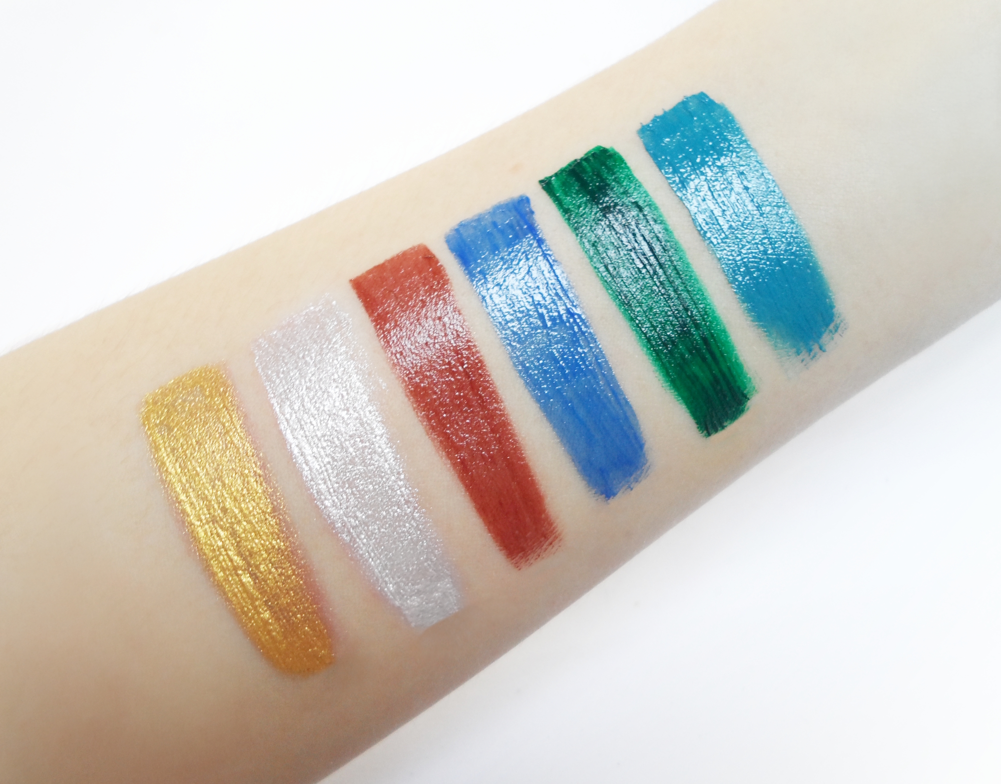 close-up of a makeup greasepaint swatches on the skin