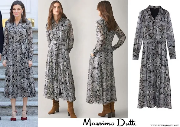 Queen Letizia wore MASSIMO DUTTI Snakeskin print dress with tie belt