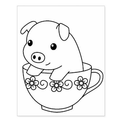 Tranh tô màu con lợn trong chén trà