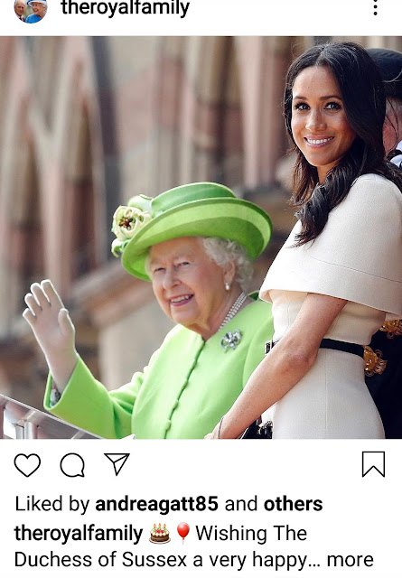 Members of the Royal Family have taken to Instagram and Twitter to post photos of the Duchess of Sussex and to wish Meghan a very Happy Birthday 2020. Here are copies of a couple of the posts, one by the Queen and the other from the Duke and Duchess of Cambridge.