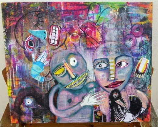 Carmen Wing - The Watcher in progress - Mixed media on canvas board
