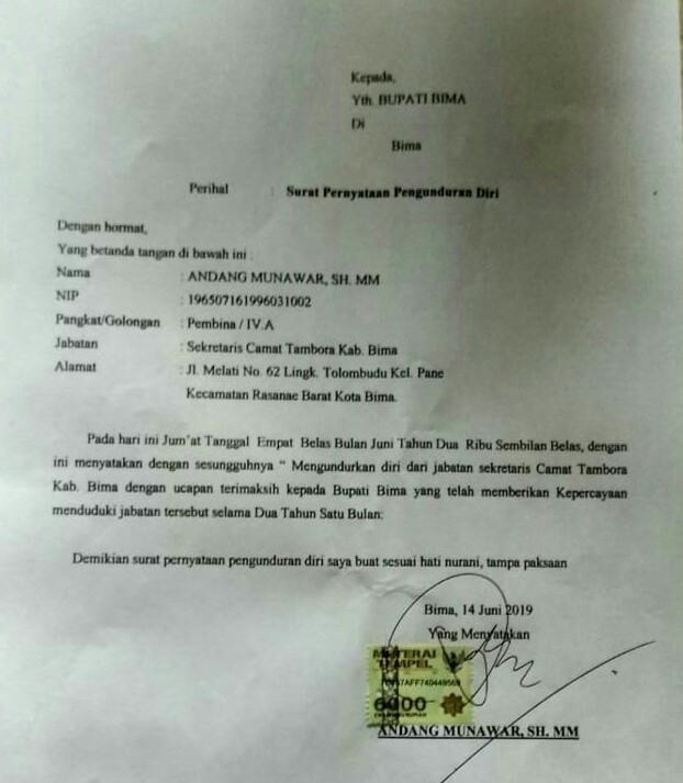 Andang Munawar Undur Diri Dari Sekcam Tambora
