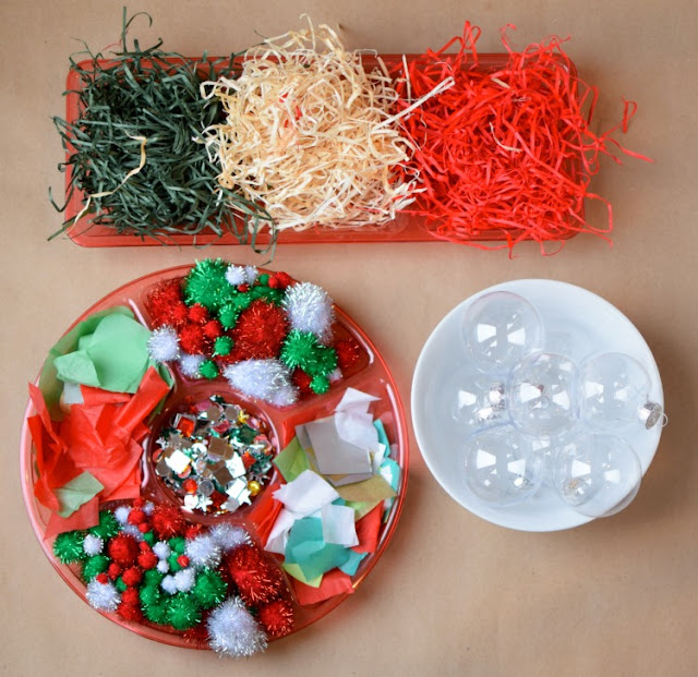 Set up a Christmas ornament station for preschool, kindergarten, or elementary class party.  Let kids add different Christmas goodies to work on fine motor skills and make a beautiful keepsake ornament to take home!