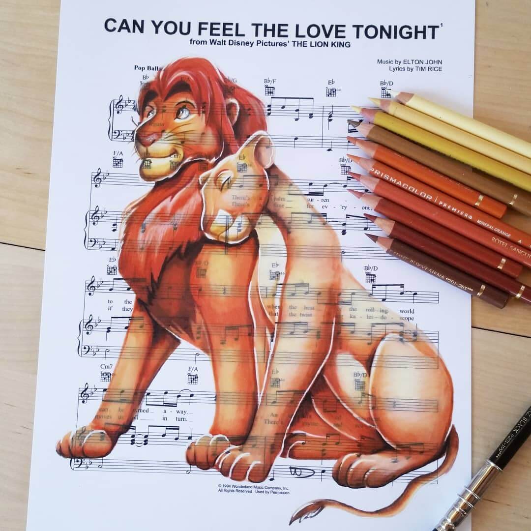 07-The-Lion-King-U-Doughty-Movie-Character-Drawings-on-Music-Sheets-www-designstack-co