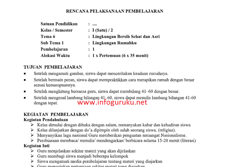 Download Contoh Rpp 1 Lembar Jenjang Sd Kelas 1 Semester 2 Infoguruku