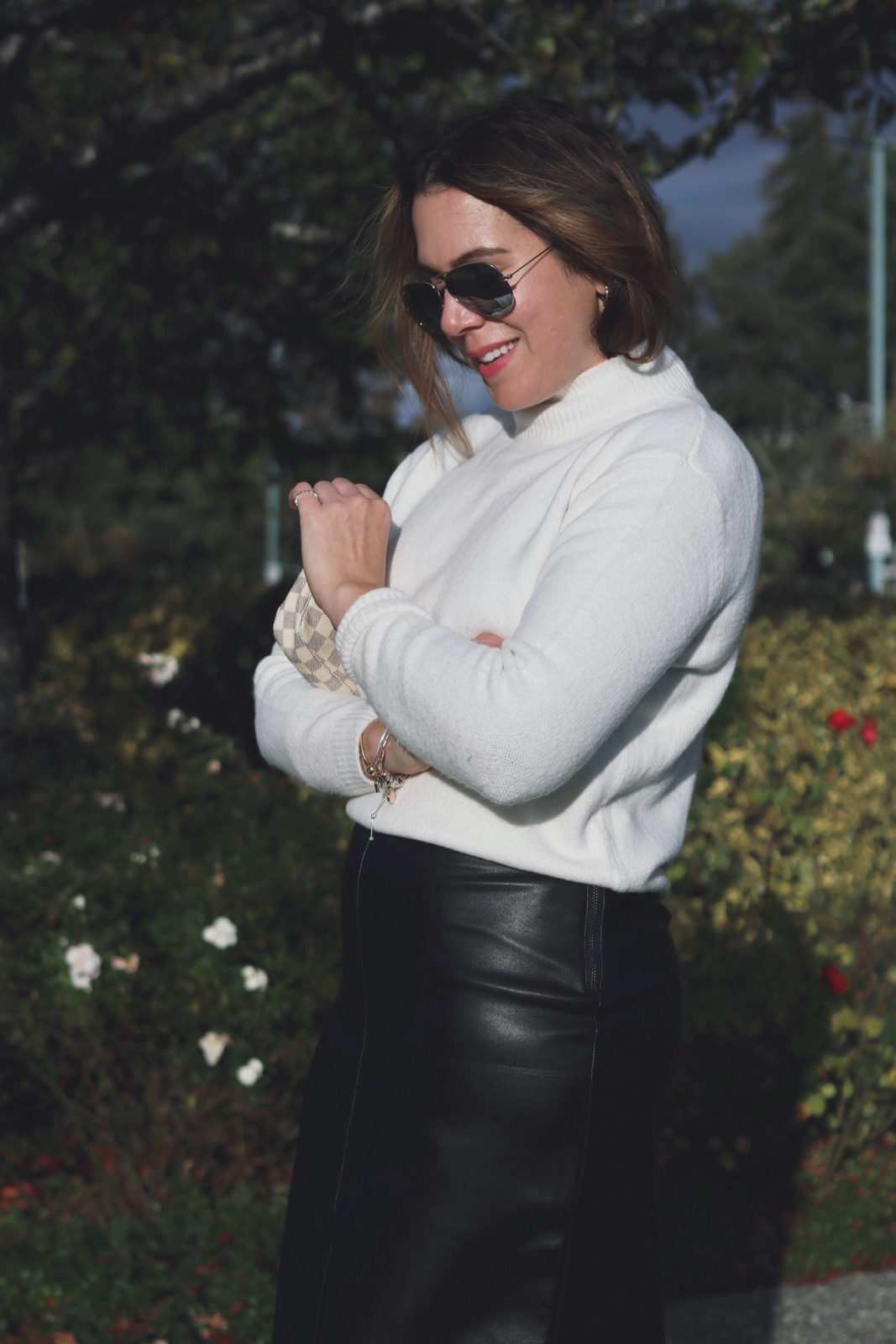 Le Chateau mock neck sweater and faux leather skirt outfit