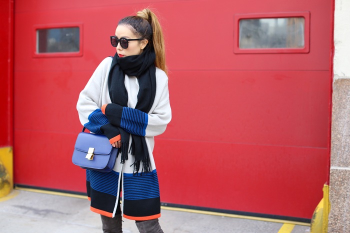 Shein color block cardigan, acne studio scarf, karen walker super duper sunglasses, celine classic box bag, steve madden gorgeous over the knee boots, spring outfit ideas, nyc street style