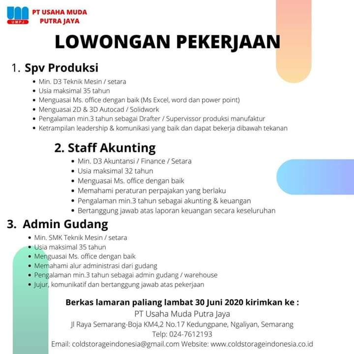 Lowongan Kerja Spv Produksi, Akunting, Admin Gudang PT. Usaha Muda