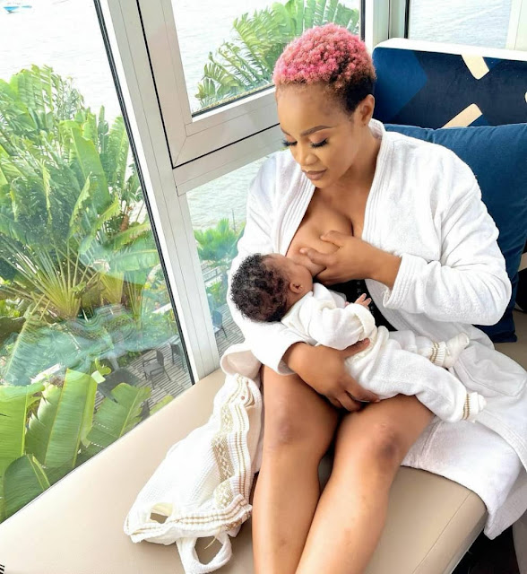 Breastfeed Your Babies Not Men- Actress Uche Ogbodo advises ladies as she shares photos of her breast feeding her baby (Photos)