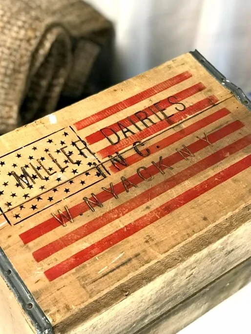 stenciled antique crate with flag