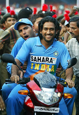 Dhoni with Yuvraj enjoying a ride