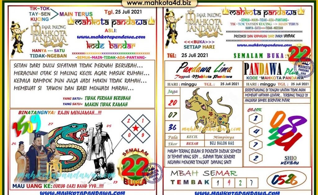 Syair Prediksi Pakong Mahkota Pandawa Minggu 25 Juli 2021