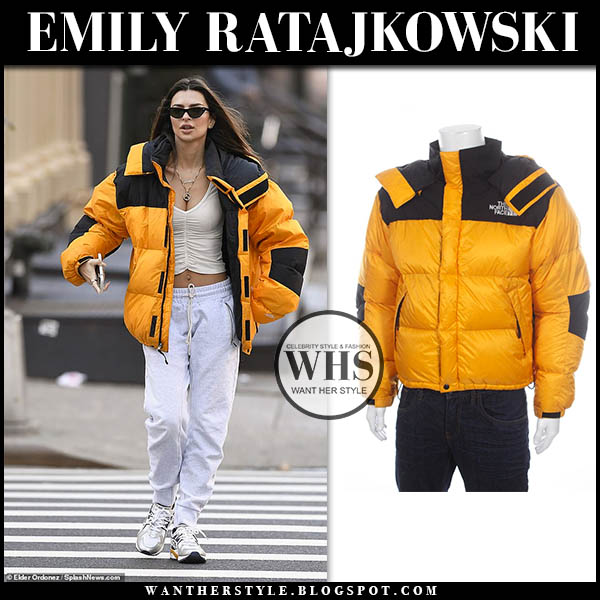 Emily Ratajkowski in orange puffer jacket and sweatpants in New York on ...
