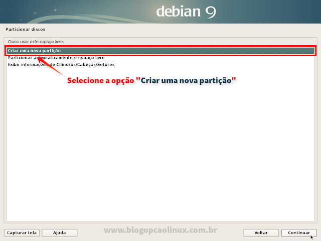 Clique duas vezes em "Criar uma nova partição"