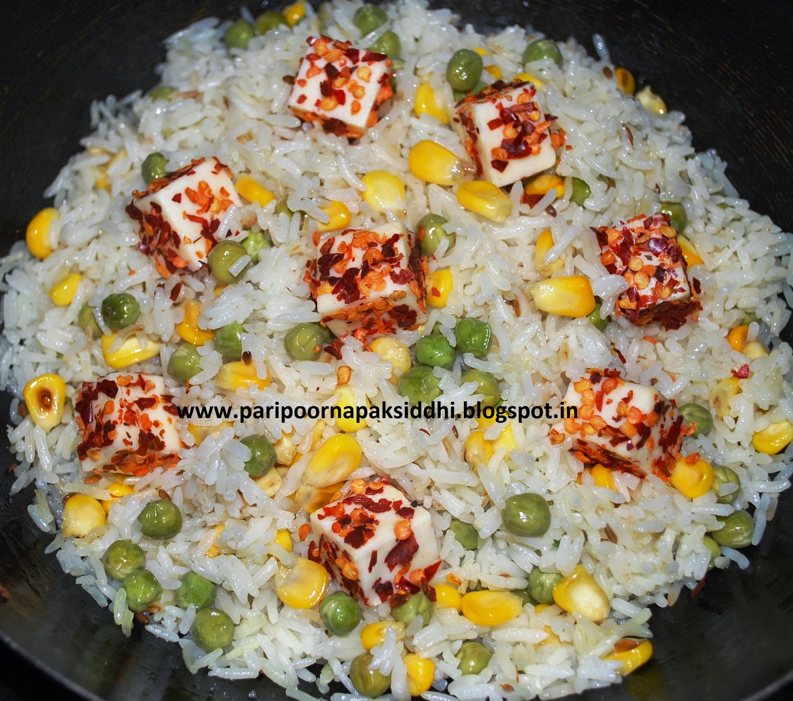 Paripoorna Paksiddhi PEAS AND CORN RICE WITH CHILLI CHEESE BOMBS