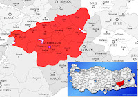 Diyarbakır ili ve ilçeleriyle birlikte çevre il ve ilçeleri de gösteren harita