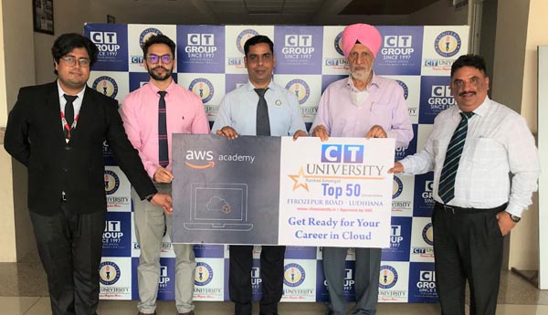 CT University Chancellor Charanjit S Channi, MD Manbir Singh and Vice Chancellor Dr. Harsh Sadawarti during MoU with AWS Academy